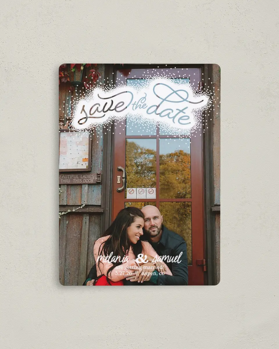 This is a 4" x 5½" Save the Date Magnet called Sprinkled Bliss printed in full color with a Luxe Satin finish
