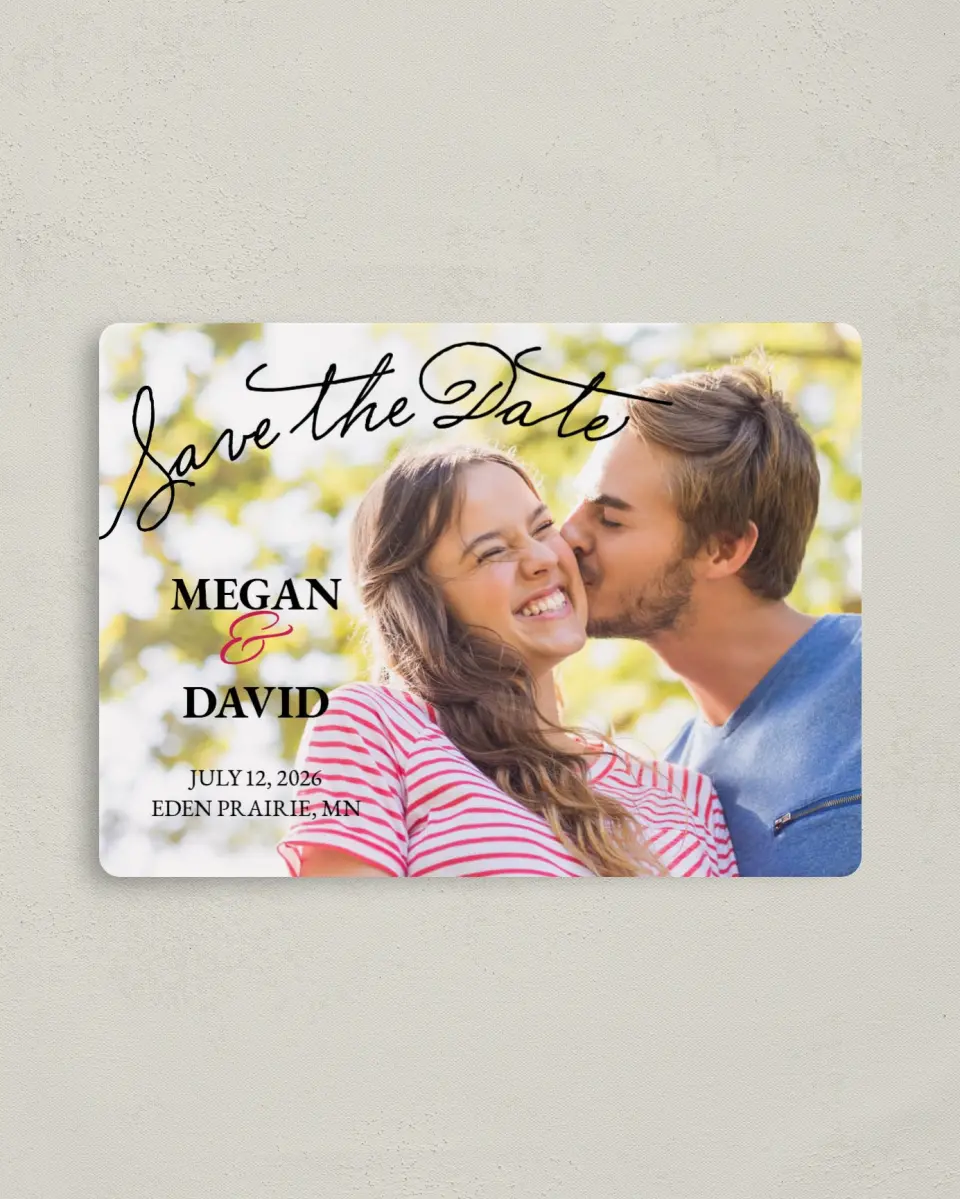 This is a 4" x 5½" Save the Date Magnet called Stylish Script printed in full color with a Luxe Satin finish