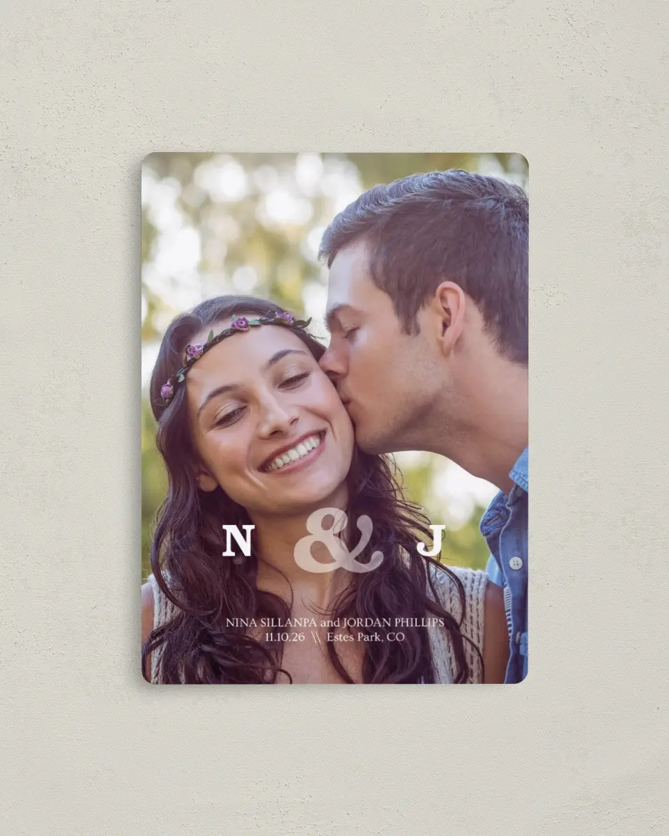 This is a 4" x 5½" Save the Date Magnet called Us Together printed in full color with a Luxe Satin finish