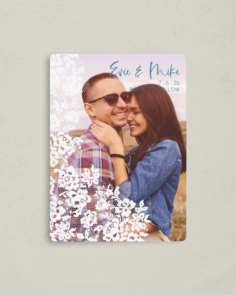 This is a 4" x 5½" Save the Date Magnet called Modern Lace printed in full color with a Luxe Satin finish