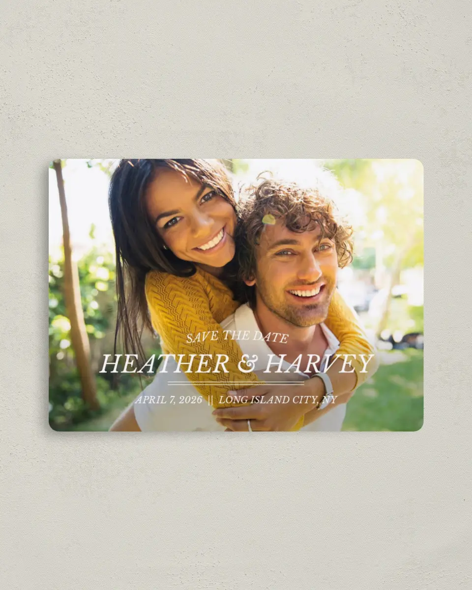 This is a 4" x 5½" Save the Date Magnet called Forever Exquisite printed in full color with a Luxe Satin finish
