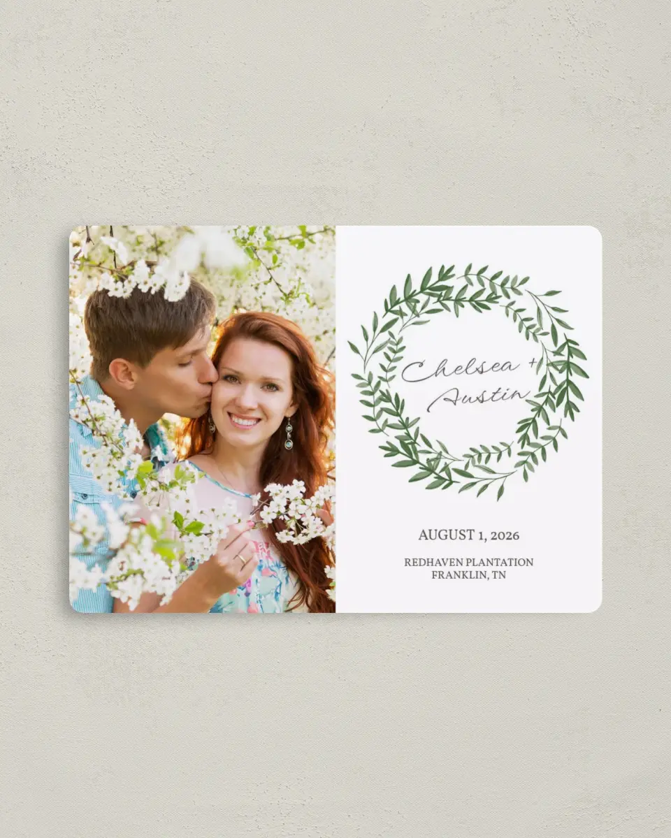 This is a 4" x 5½" Save the Date Magnet called Watercolor Laurel printed in full color with a Luxe Satin finish