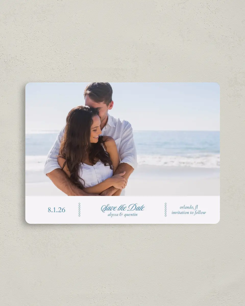 This is a 4" x 5½" Save the Date Magnet called Opulence printed in full color with a Luxe Satin finish
