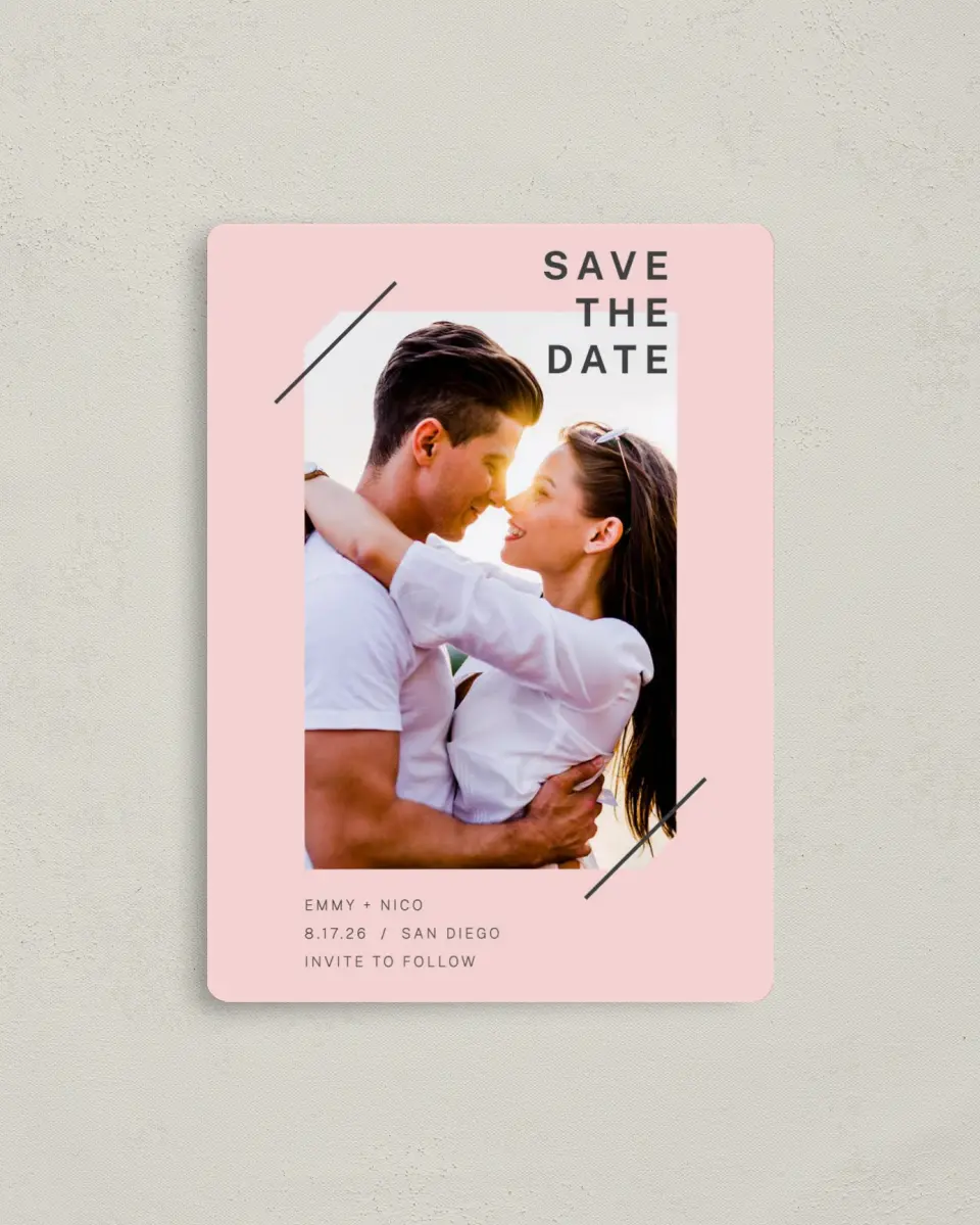 This is a 4" x 5½" Save the Date Magnet called Minimal Mod printed in full color with a Luxe Satin finish