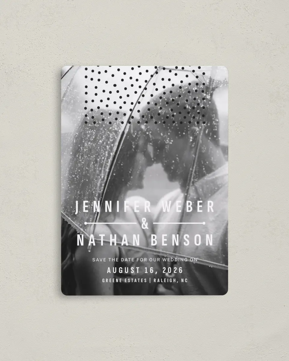 This is a 4" x 5½" Save the Date Magnet called Pop of Dots printed in full color with a Luxe Satin finish