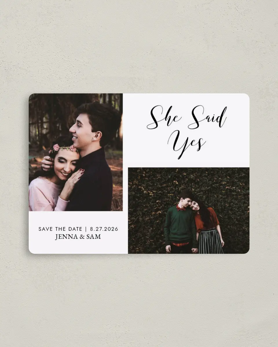 This is a 4" x 5½" Save the Date Magnet called Love's Whisper printed in full color with a Luxe Satin finish