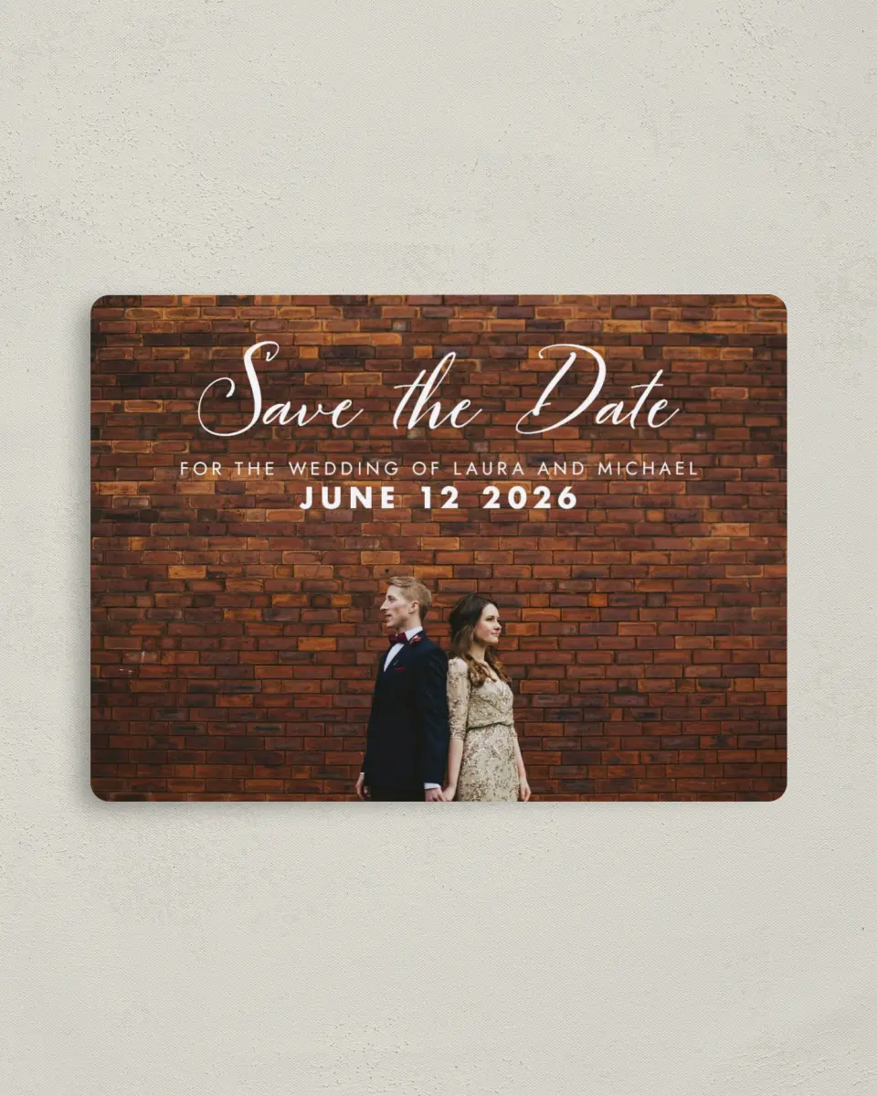 This is a 4" x 5½" Save the Date Magnet called Waiting for You printed in full color with a Luxe Satin finish
