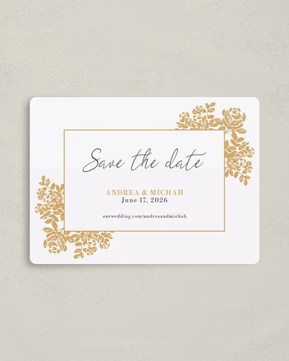 This is a 4" x 5½" Save the Date Magnet called Etched Elegance printed in full color with a Luxe Satin finish