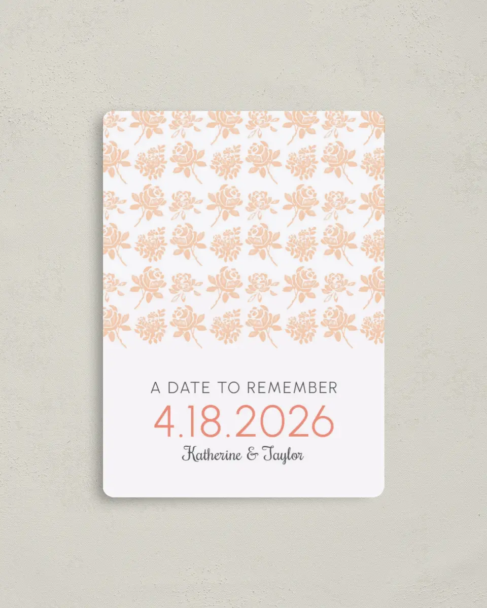 This is a 4" x 5½" Save the Date Magnet called Elegant Floral printed in full color with a Luxe Satin finish