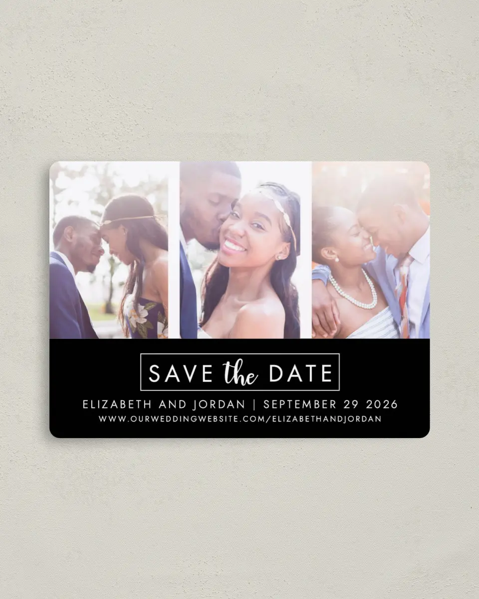 This is a 4" x 5½" Save the Date Magnet called Shiny Joy printed in full color with a Luxe Satin finish