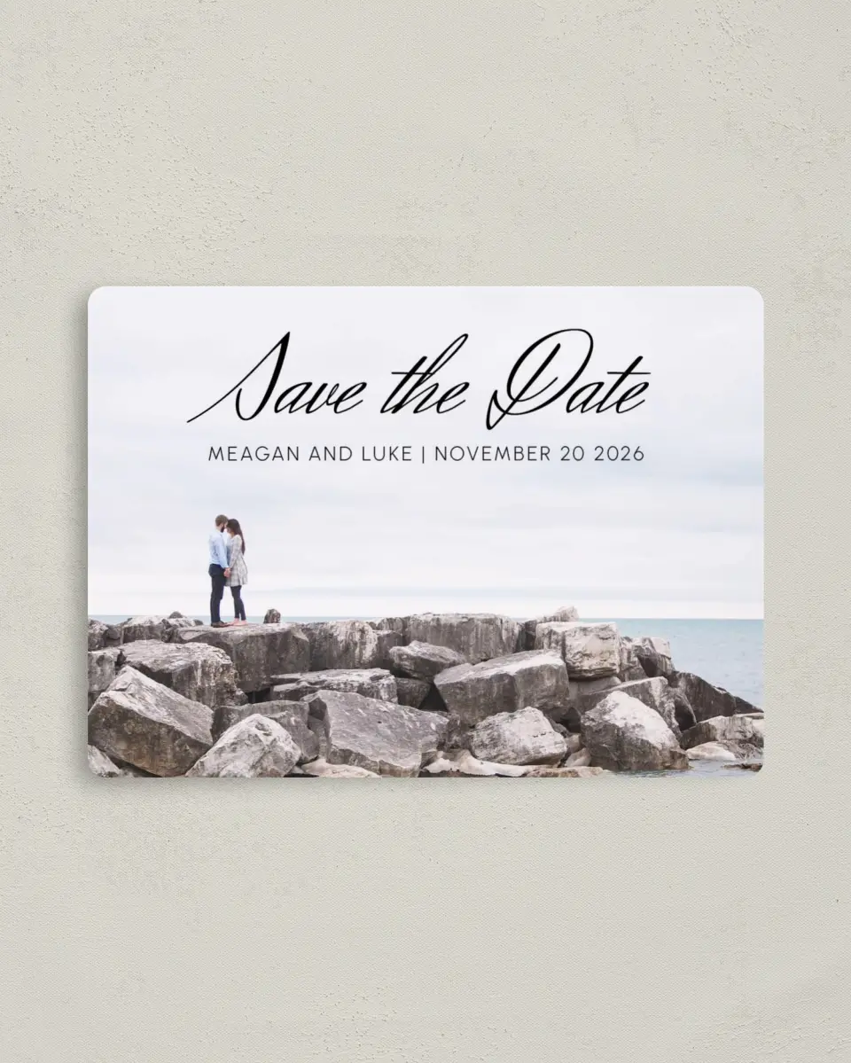 This is a 4" x 5½" Save the Date Magnet called Tranquility printed in full color with a Luxe Satin finish