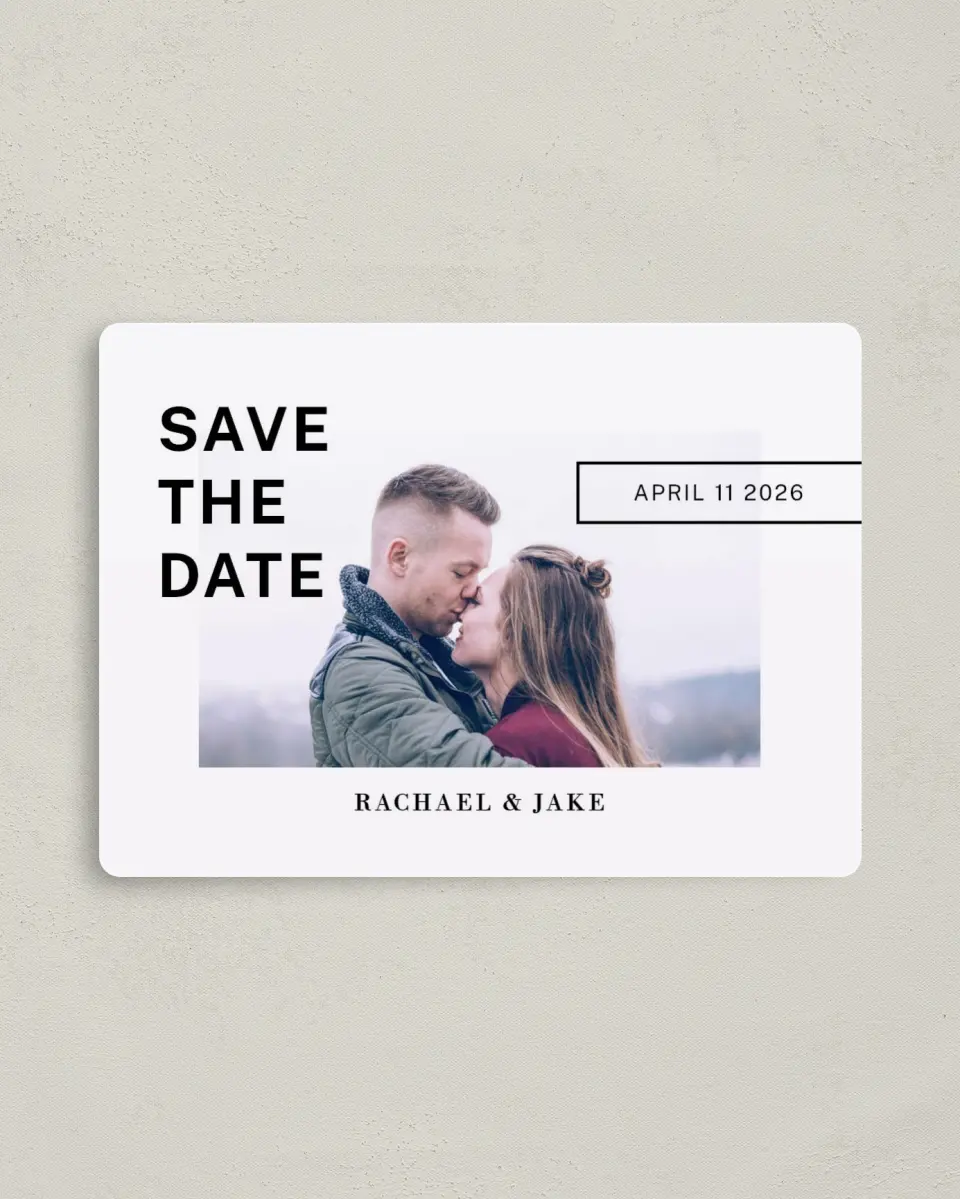 This is a 4" x 5½" Save the Date Magnet called You.Me.Forever. printed in full color with a Luxe Satin finish