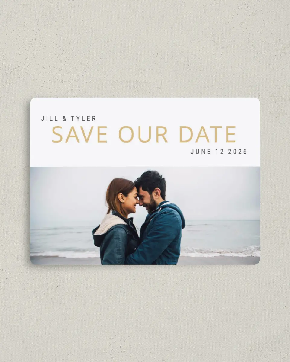 This is a 4" x 5½" Save the Date Magnet called You're the Reason printed in full color with a Luxe Satin finish