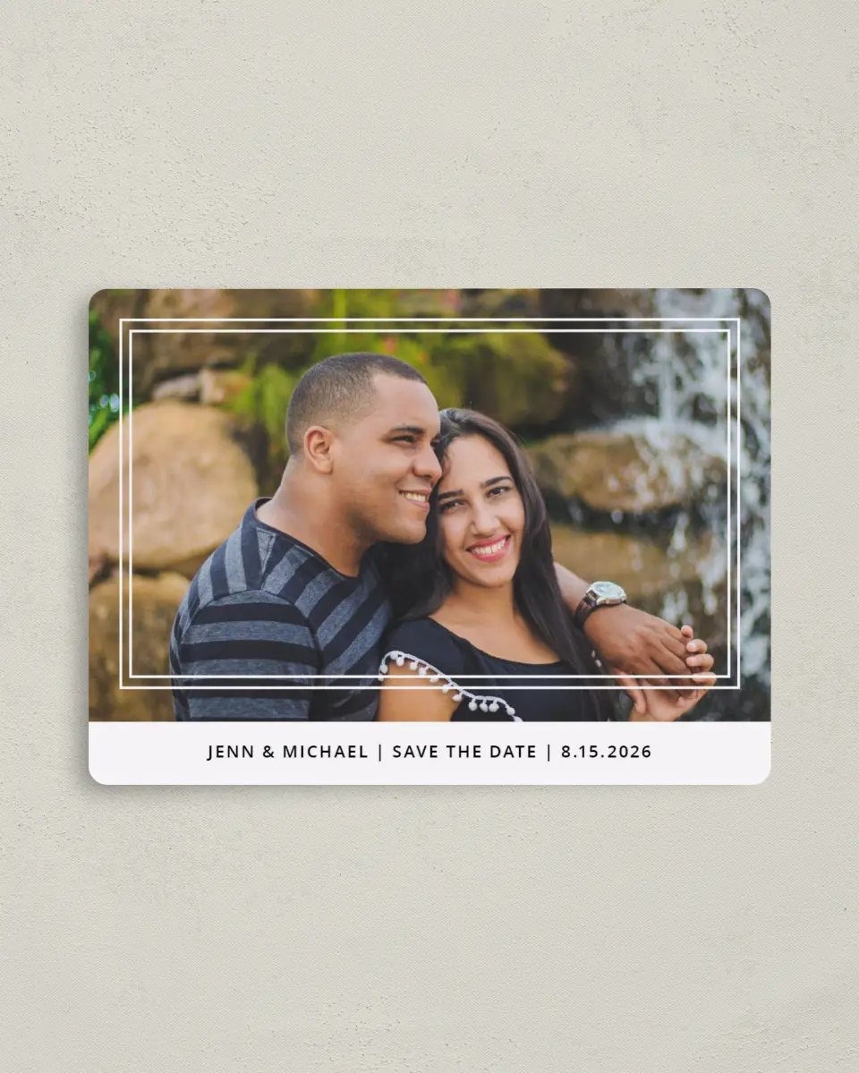 This is a 4" x 5½" Save the Date Magnet called On My Mind printed in full color with a Luxe Satin finish