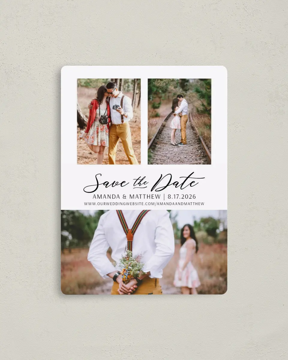 This is a 4" x 5½" Save the Date Magnet called Lost in Love printed in full color with a Luxe Satin finish