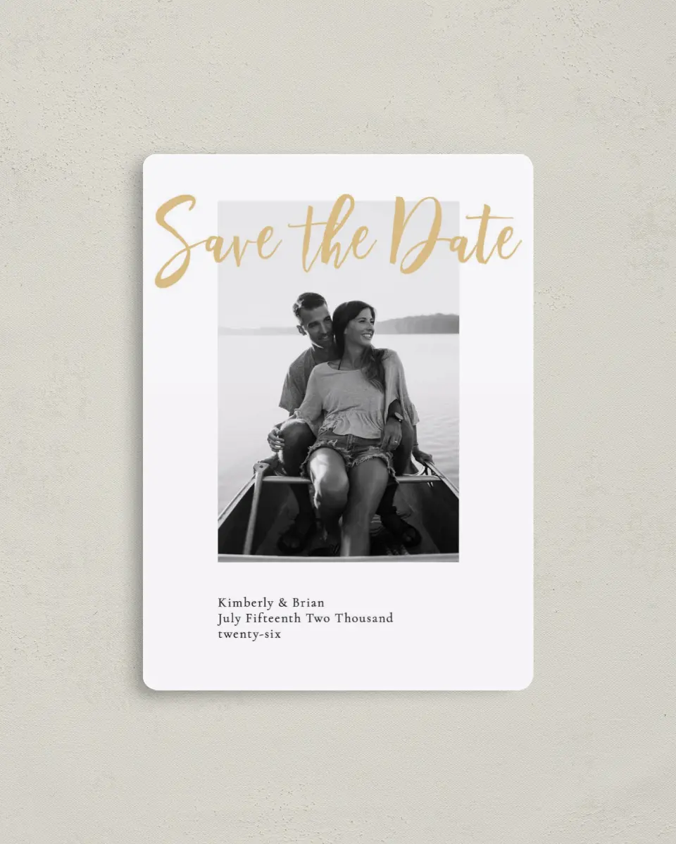 This is a 4" x 5½" Save the Date Magnet called Adjoining Love printed in full color with a Luxe Satin finish
