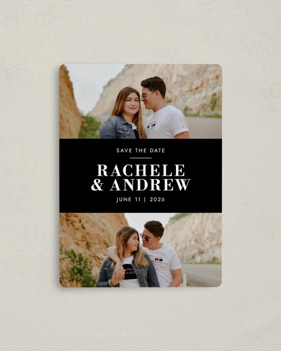 This is a 4" x 5½" Save the Date Magnet called Love Boldly printed in full color with Rose Gold foil and a Luxe Satin finish