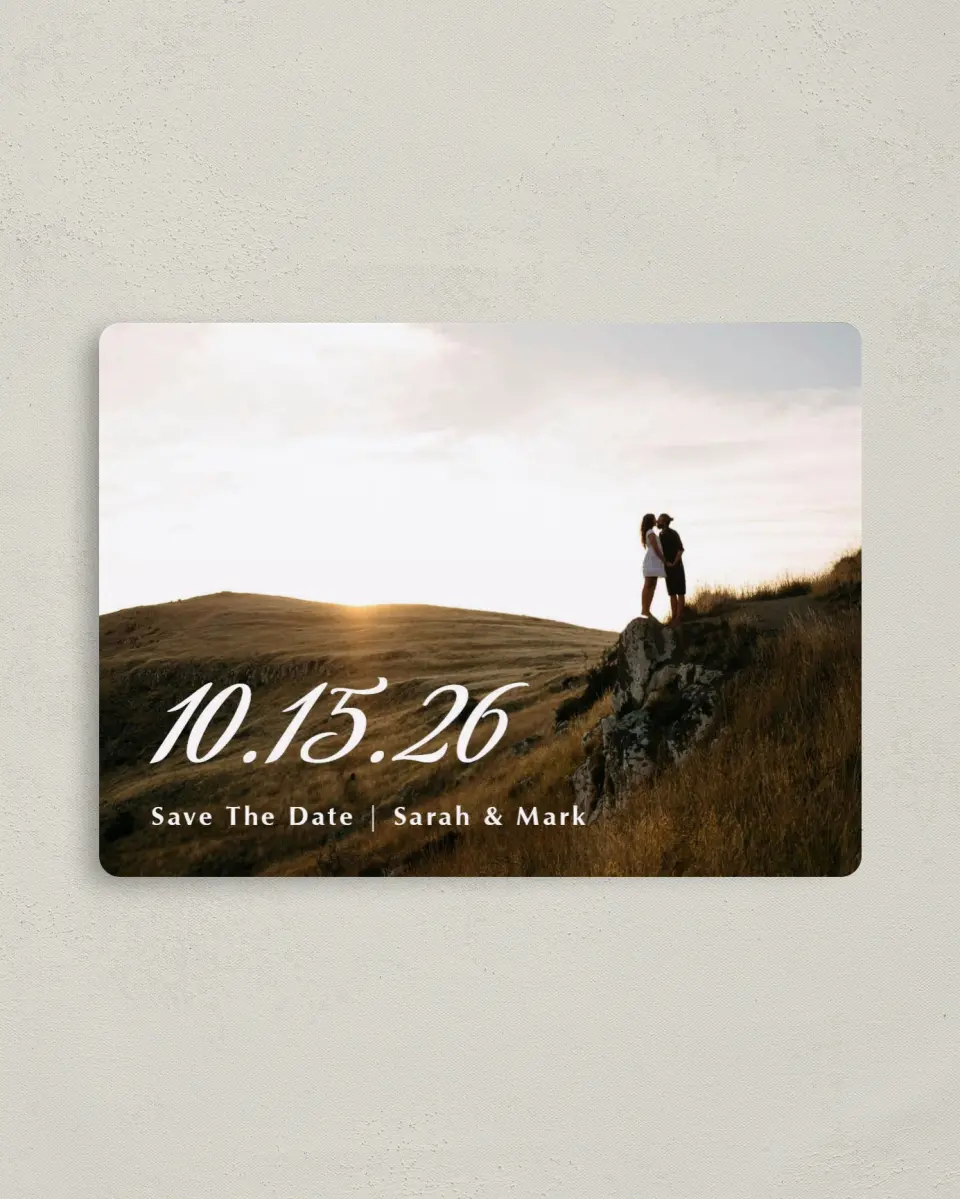 This is a 4" x 5½" Save the Date Magnet called Rustic Diamond printed in full color with a Luxe Satin finish