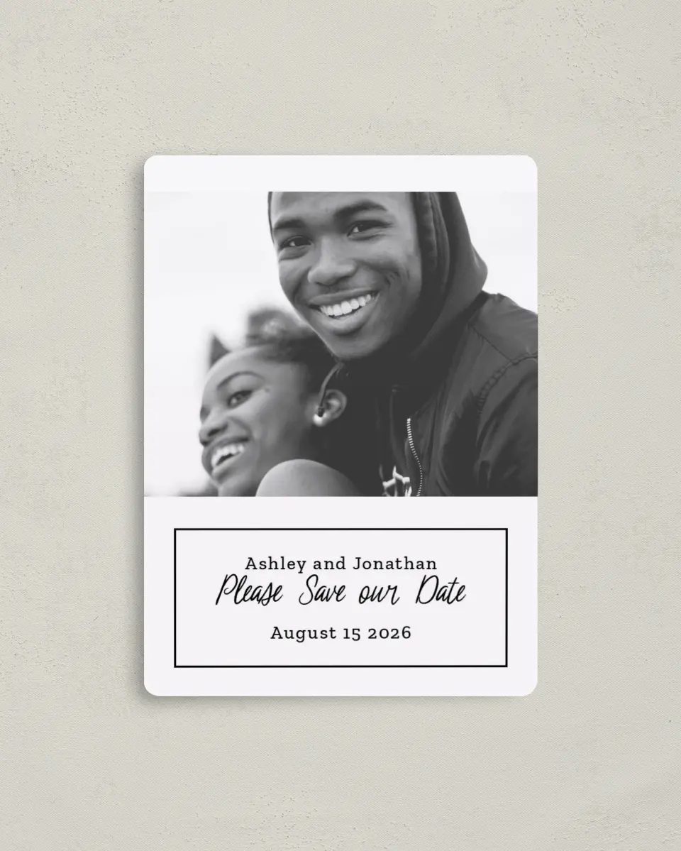 This is a 4" x 5½" Save the Date Magnet called Romantic Splash printed in full color with a Luxe Satin finish