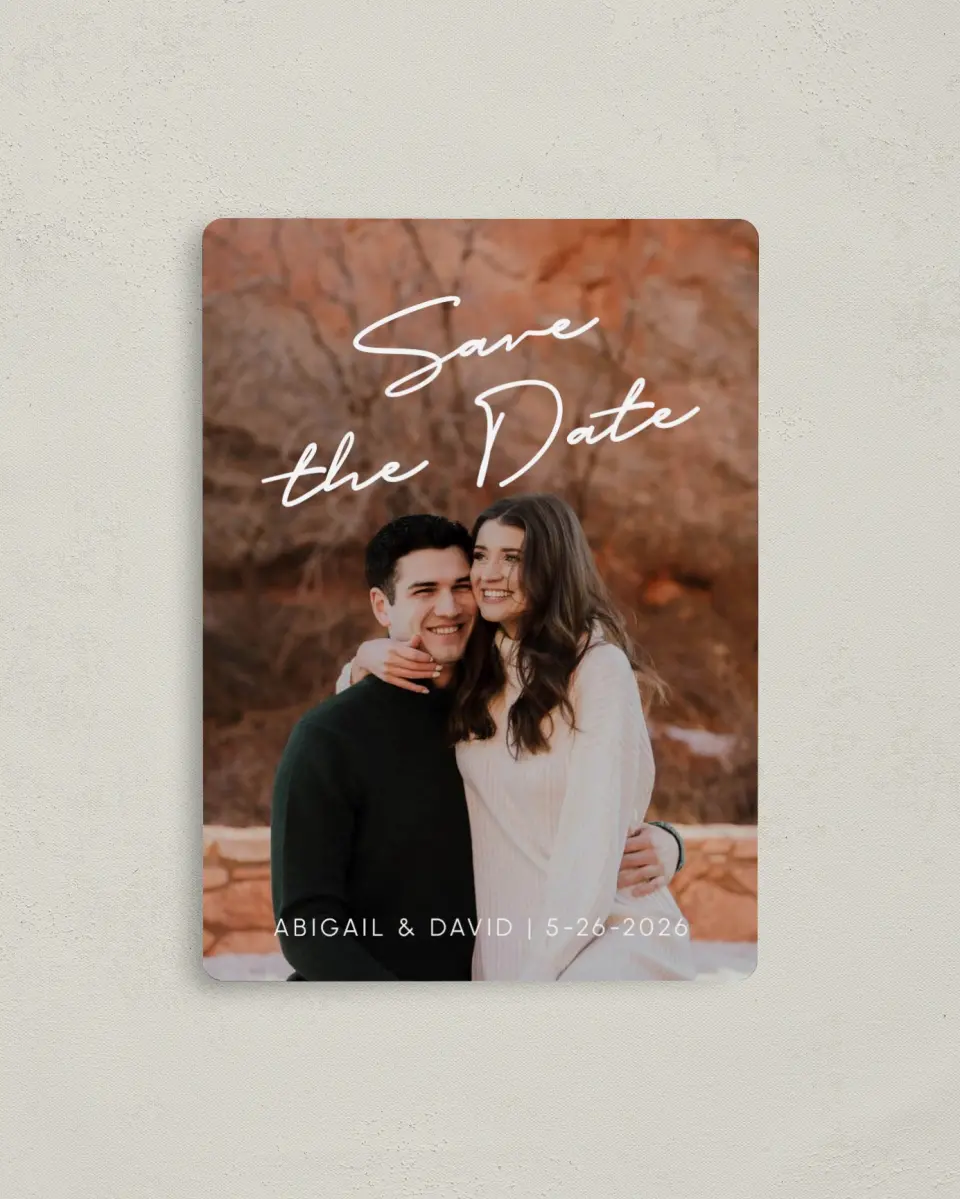 This is a 4" x 5½" Save the Date Magnet called Sunset Vision printed in full color with a Luxe Satin finish
