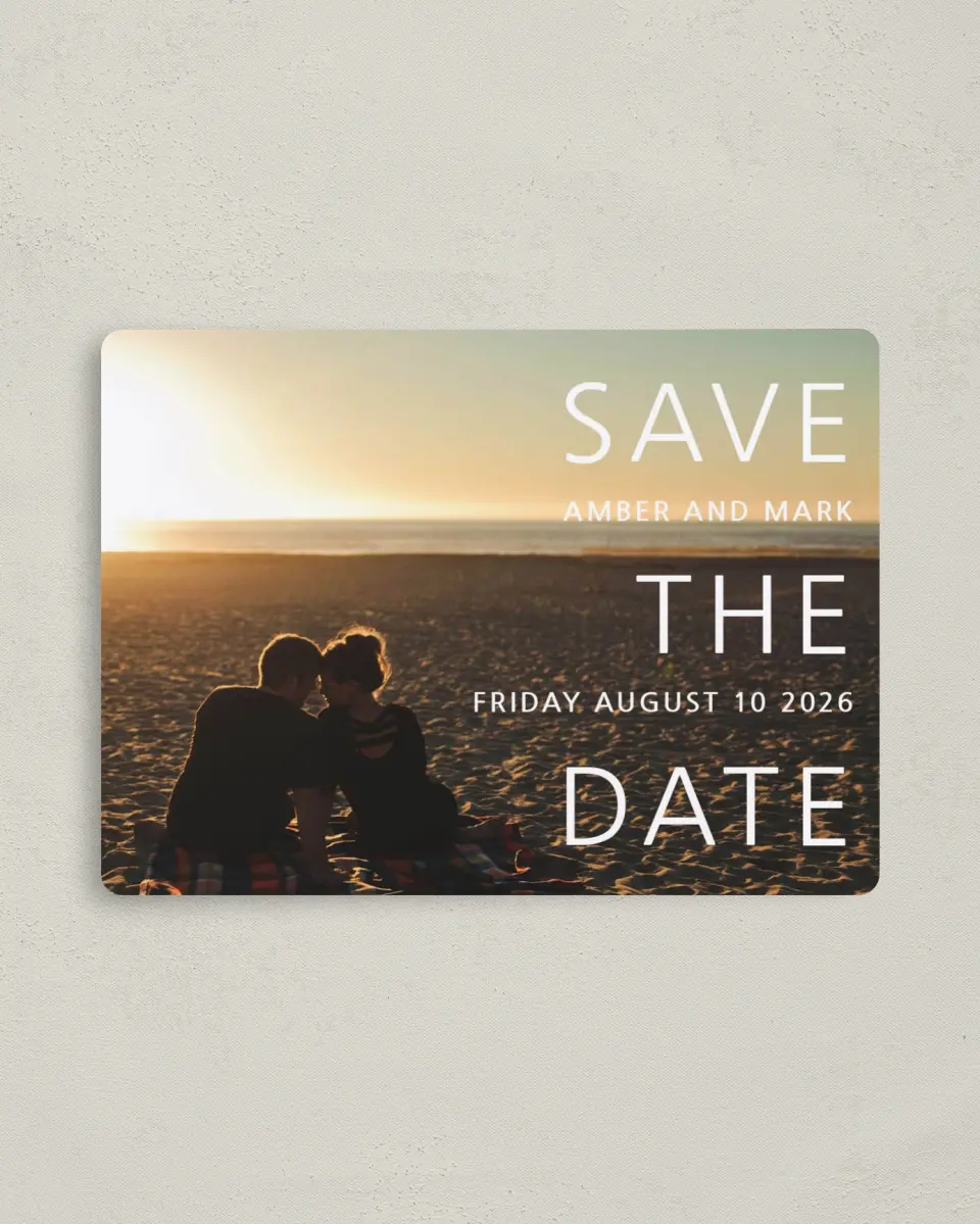 This is a 4" x 5½" Save the Date Magnet called Dusk Beauty printed in full color with a Luxe Satin finish