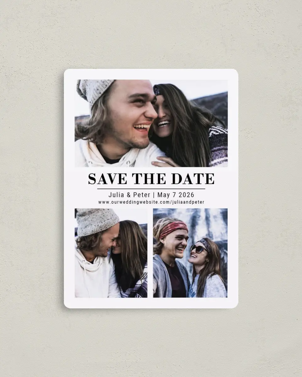 This is a 4" x 5½" Save the Date Magnet called Swirl of Love printed in full color with Rose Gold foil and a Luxe Satin finish