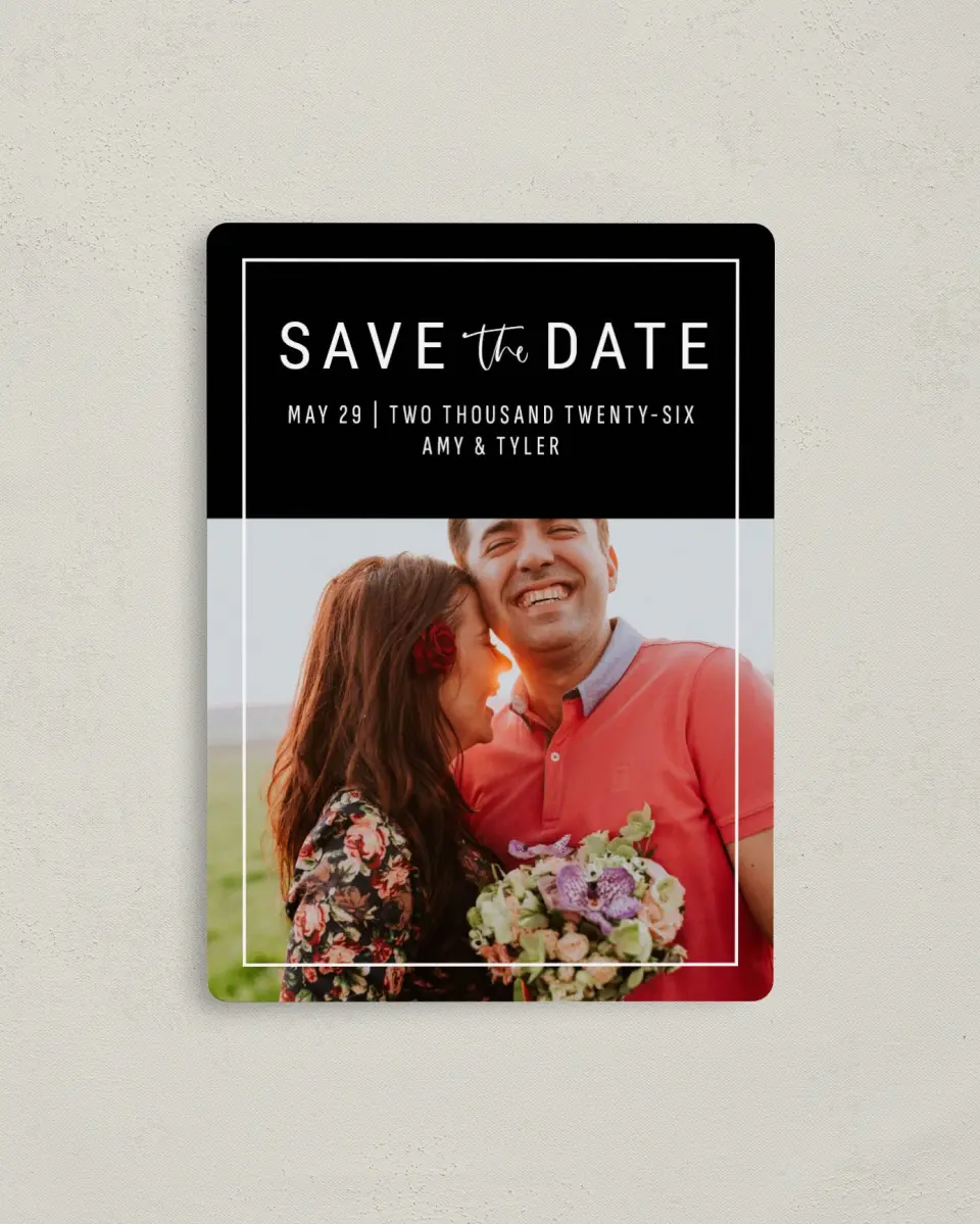 This is a 4" x 5½" Save the Date Magnet called Bold & Daring printed in full color with a Luxe Satin finish