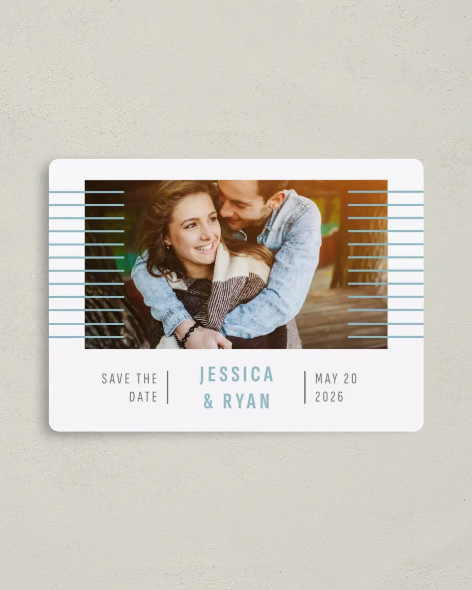 This is a 4" x 5½" Save the Date Magnet called Luxe Lines printed in full color with Rose Gold foil and a Luxe Satin finish