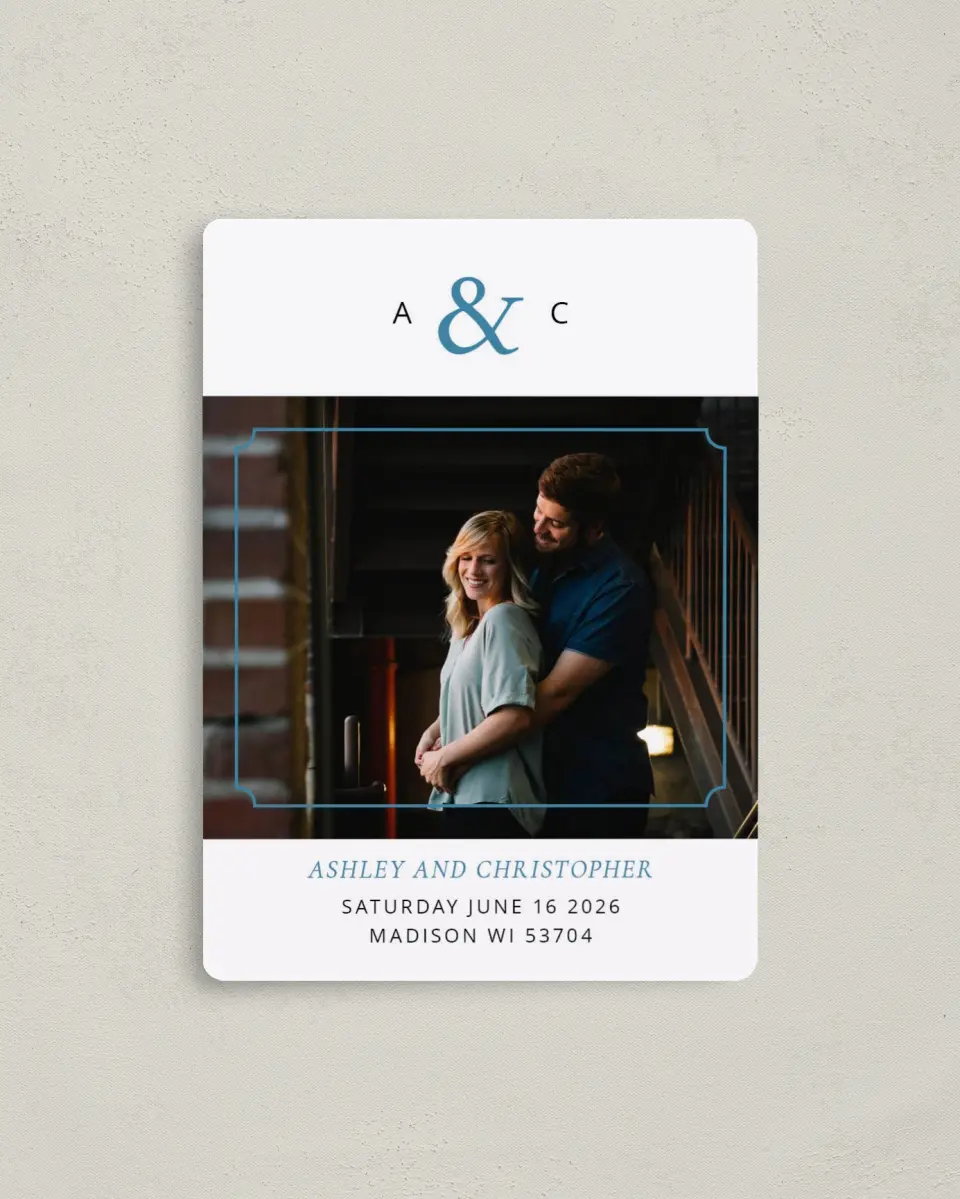 This is a 4" x 5½" Save the Date Magnet called Gilded Ampersand printed in full color with a Luxe Satin finish