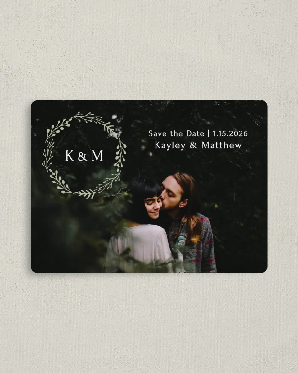 This is a 4" x 5½" Save the Date Magnet called Enchanting Crown printed in full color with a Luxe Satin finish