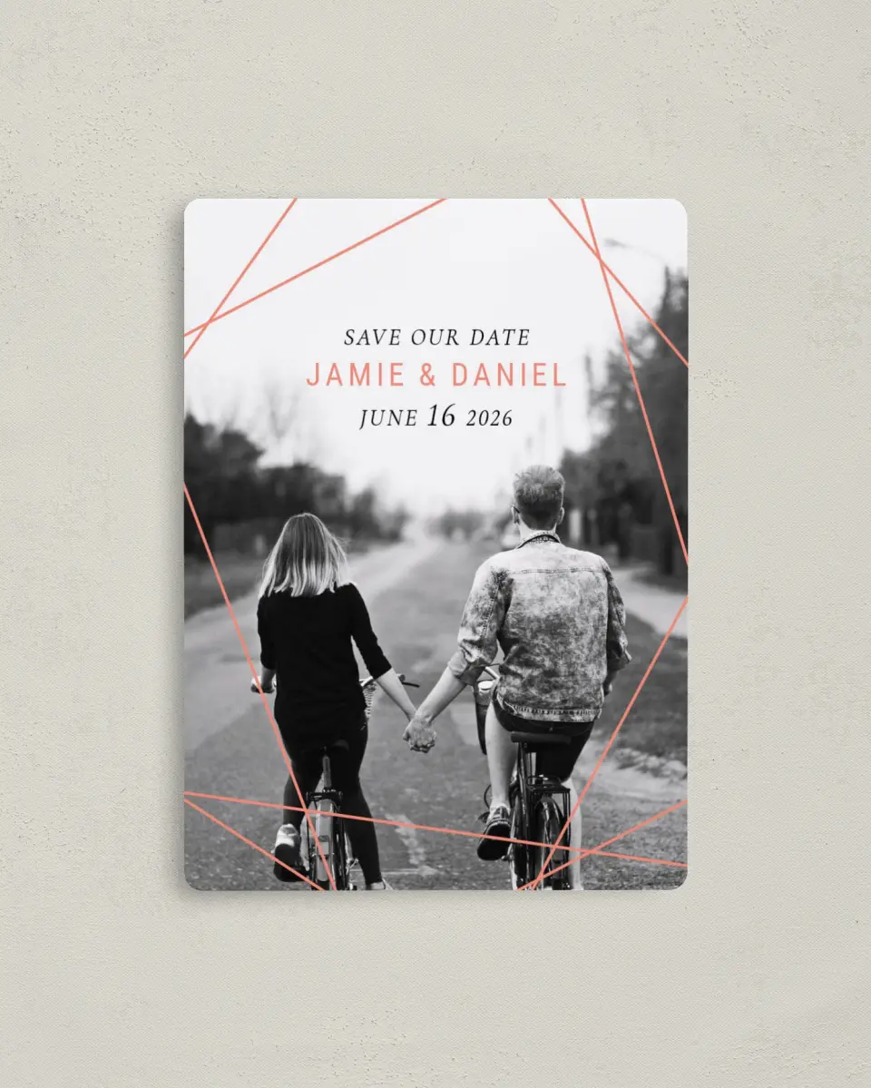 This is a 4" x 5½" Save the Date Magnet called Starcrossed Love printed in full color with a Luxe Satin finish