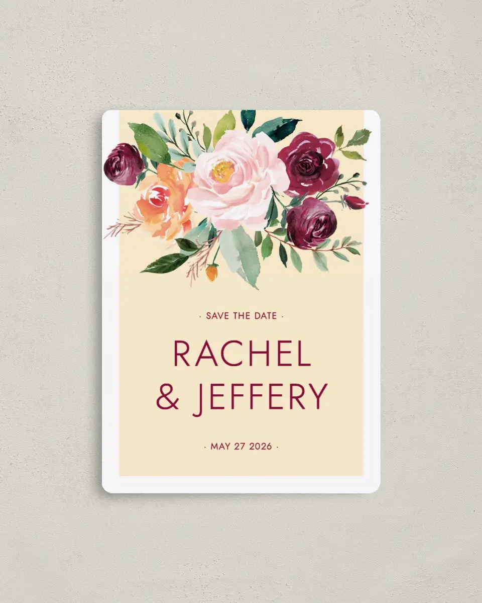 This is a 4" x 5½" Save the Date Magnet called Country Florals printed in full color with a Luxe Satin finish