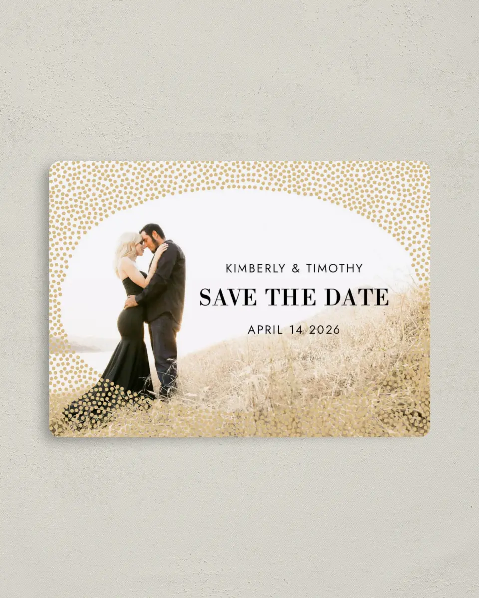 This is a 4" x 5½" Save the Date Magnet called Dreamy Dots printed in full color with a Luxe Satin finish