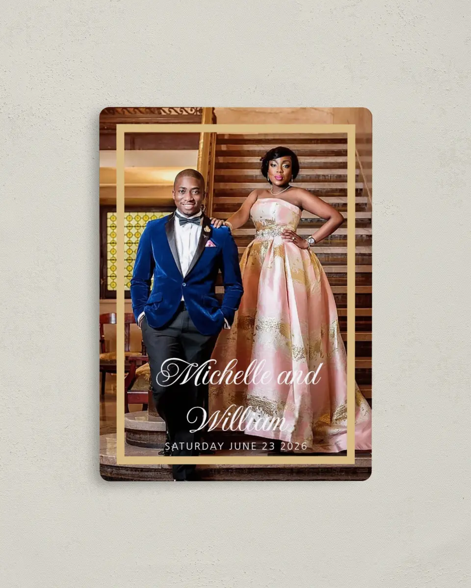 This is a 4" x 5½" Save the Date Magnet called Gilded Opulence printed in full color with a Luxe Satin finish