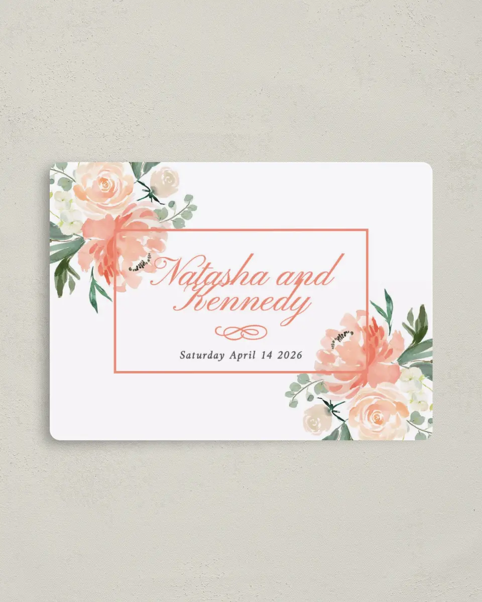 This is a 4" x 5½" Save the Date Magnet called Luxe Floral printed in full color with a Luxe Satin finish