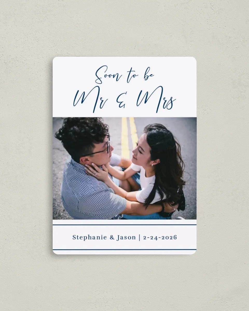 This is a 4" x 5½" Save the Date Magnet called Road to Love printed in full color with a Luxe Satin finish