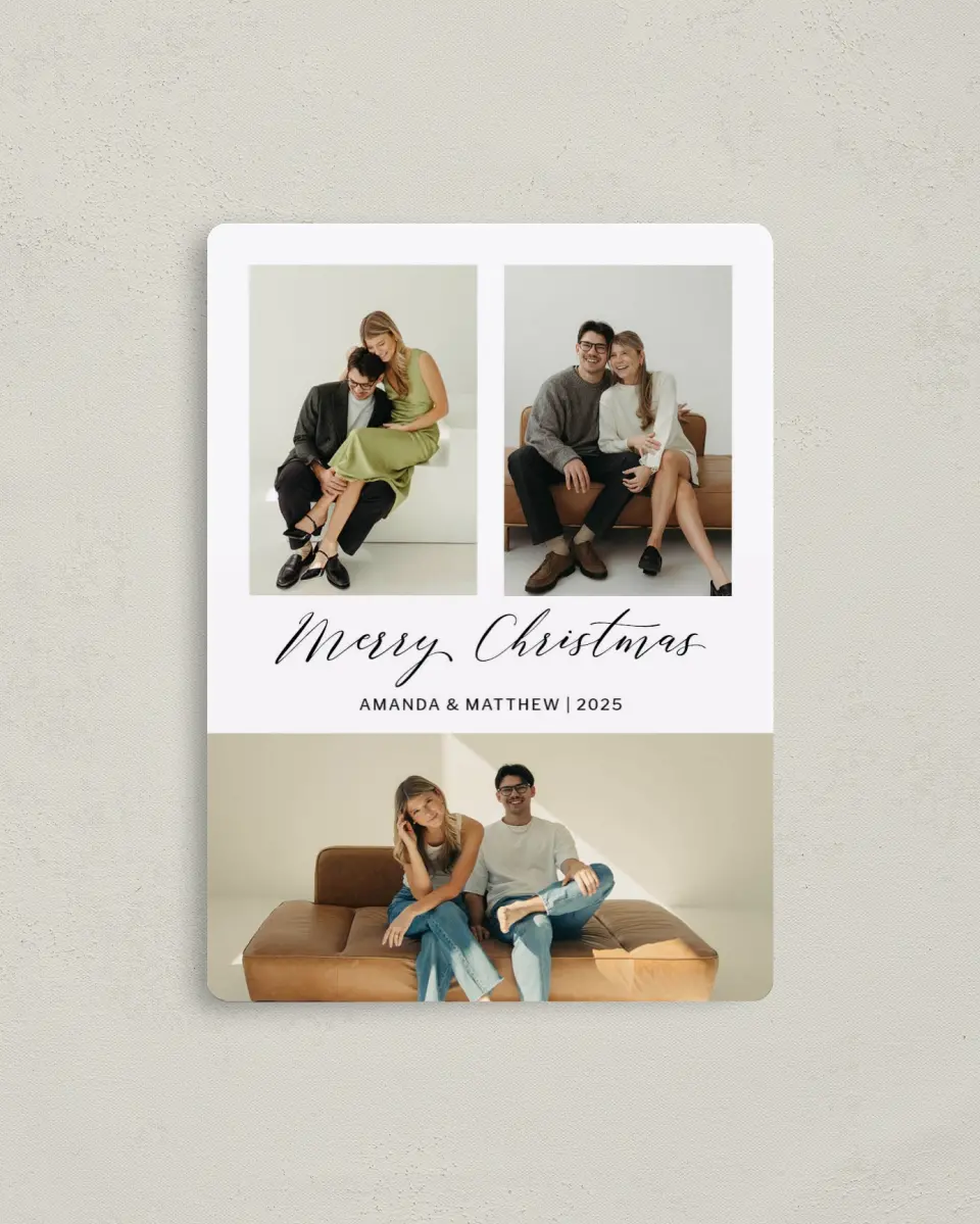 This is a 4" x 5½" Christmas Card called Merry Trio printed in full color with a Luxe Satin finish