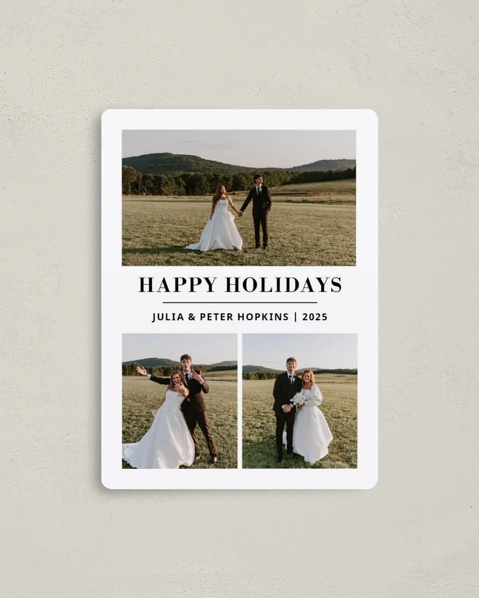 This is a 4" x 5½" Christmas Card called Holiday Shine printed in full color with Gold foil and a Luxe Satin finish