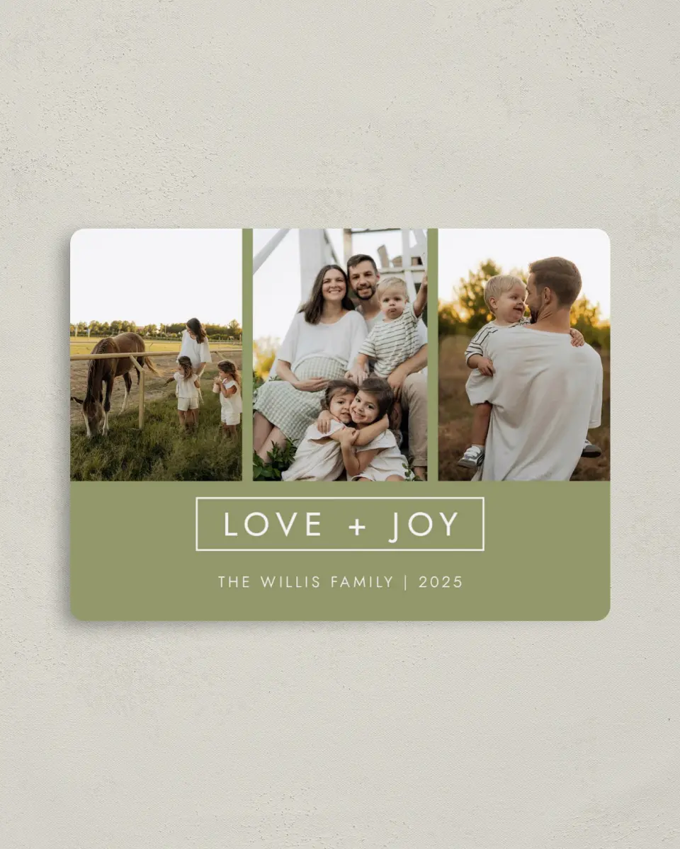 This is a 4" x 5½" Christmas Card called Artful Joy printed in full color with Rose Gold foil and a Luxe Satin finish
