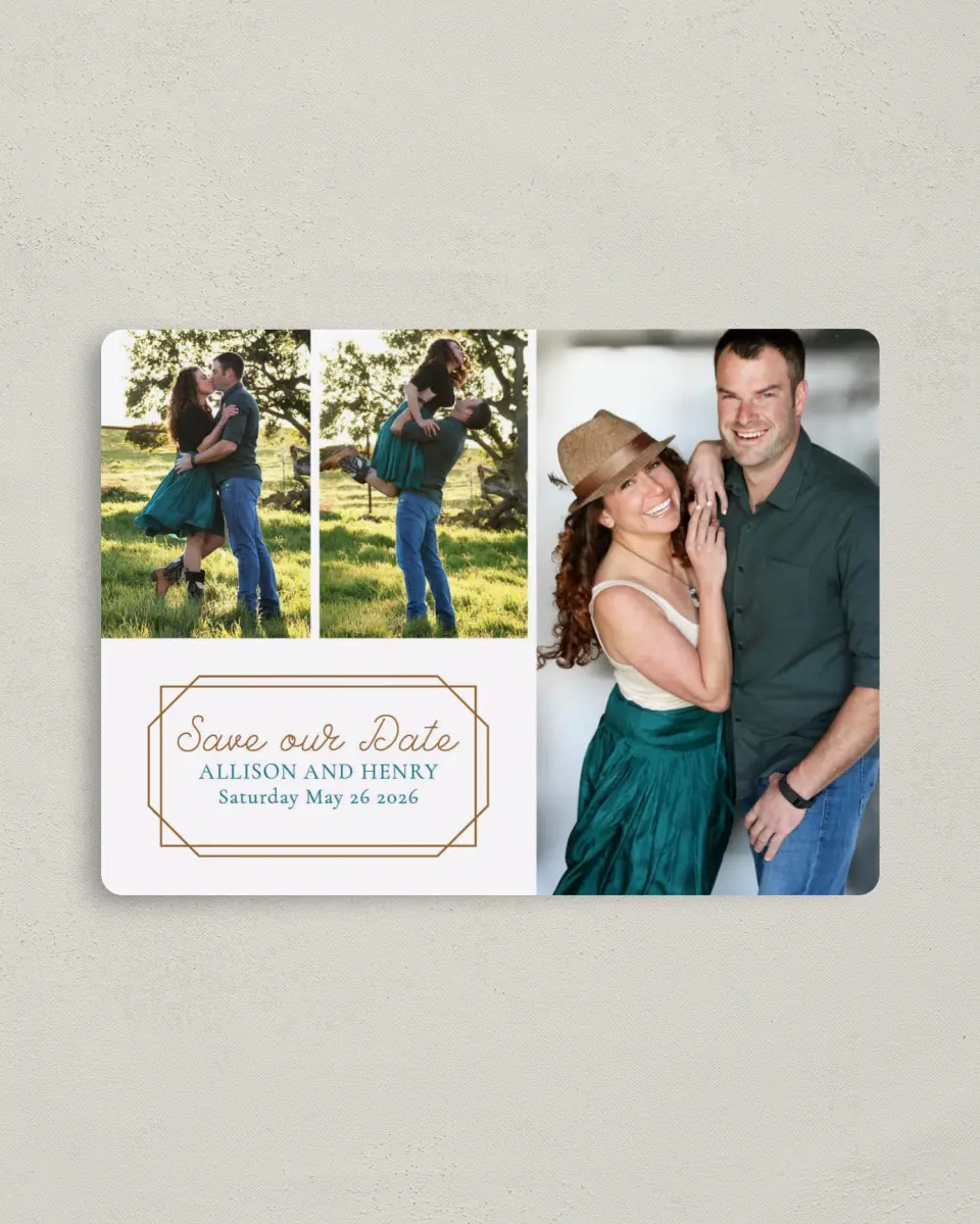 This is a 4" x 5½" Save the Date Magnet called Gorgeously Geo printed in full color with a Luxe Satin finish