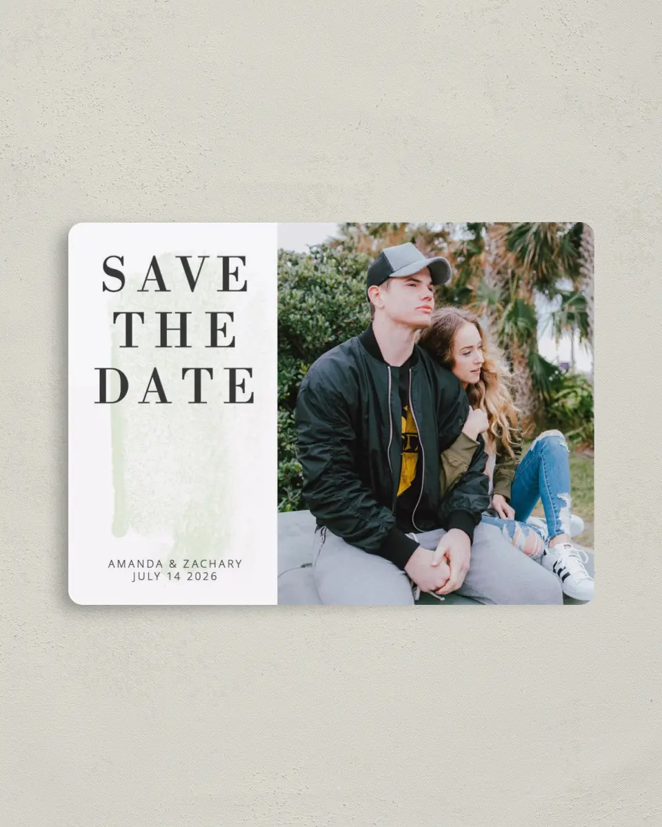 This is a 4" x 5½" Save the Date Magnet called Tranquil Twinkle printed in full color with a Luxe Satin finish
