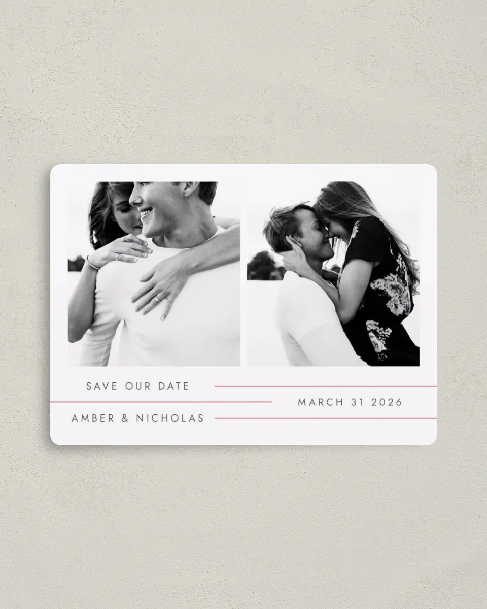 This is a 4" x 5½" Save the Date Magnet called Glowing Tracks printed in full color with a Luxe Satin finish