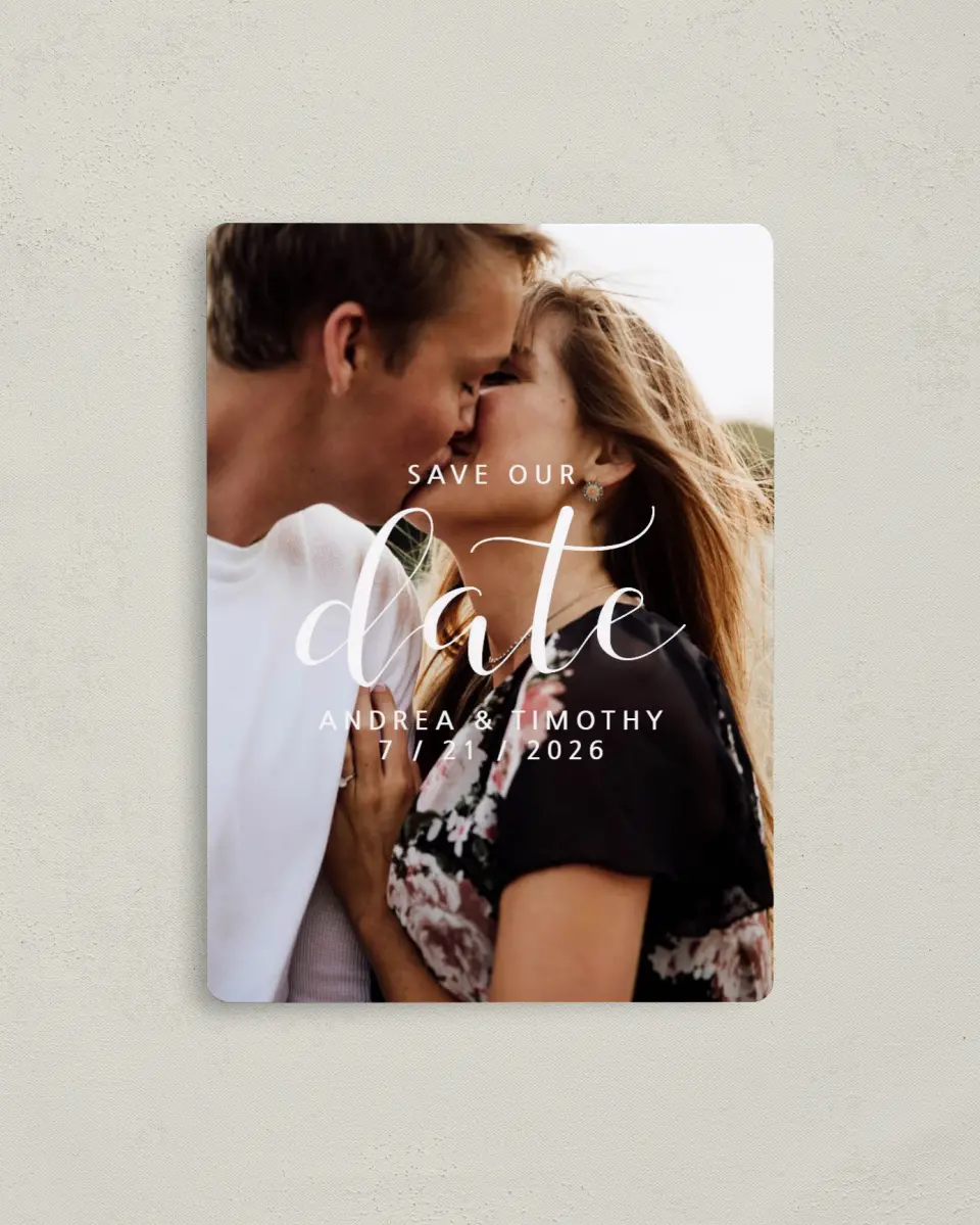 This is a 4" x 5½" Save the Date Magnet called Modern Moments printed in full color with a Luxe Satin finish