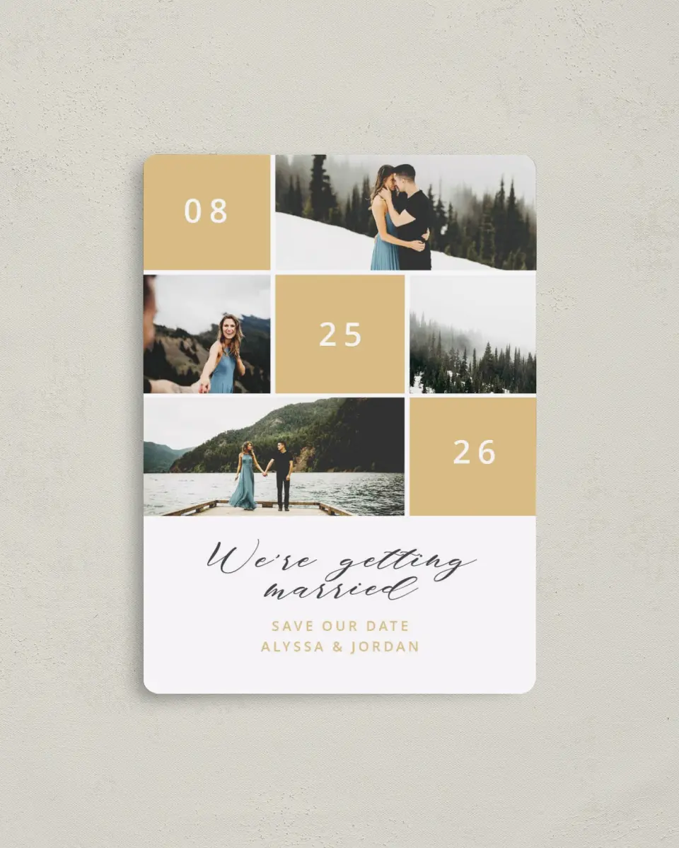 This is a 4" x 5½" Save the Date Magnet called Photo Patchwork printed in full color with a Luxe Satin finish