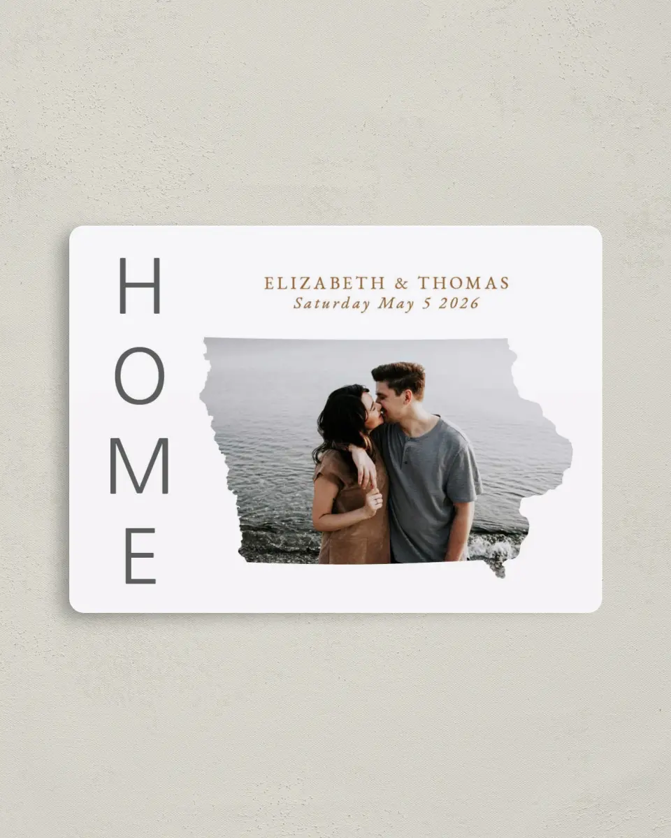 This is a 4" x 5½" Save the Date Magnet called Home Together printed in full color with a Luxe Satin finish