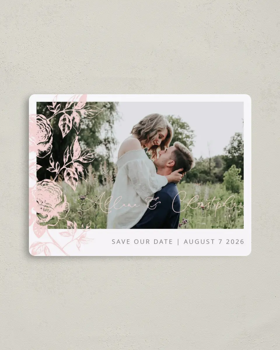 This is a 4" x 5½" Save the Date Magnet called Stamped Elegance printed in full color with a Luxe Satin finish