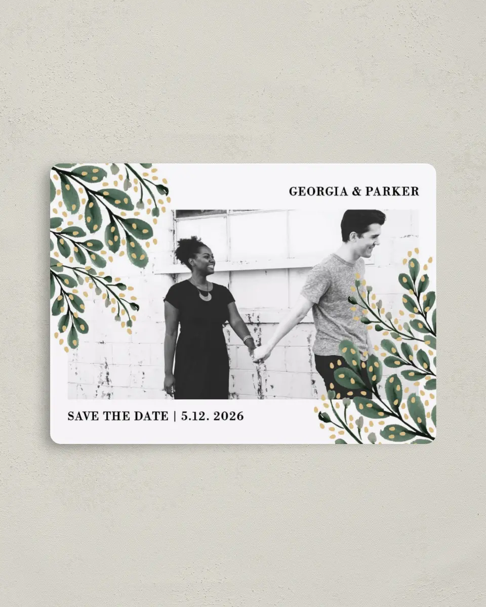 This is a 4" x 5½" Save the Date Magnet called Gilded Laurels printed in full color with a Luxe Satin finish