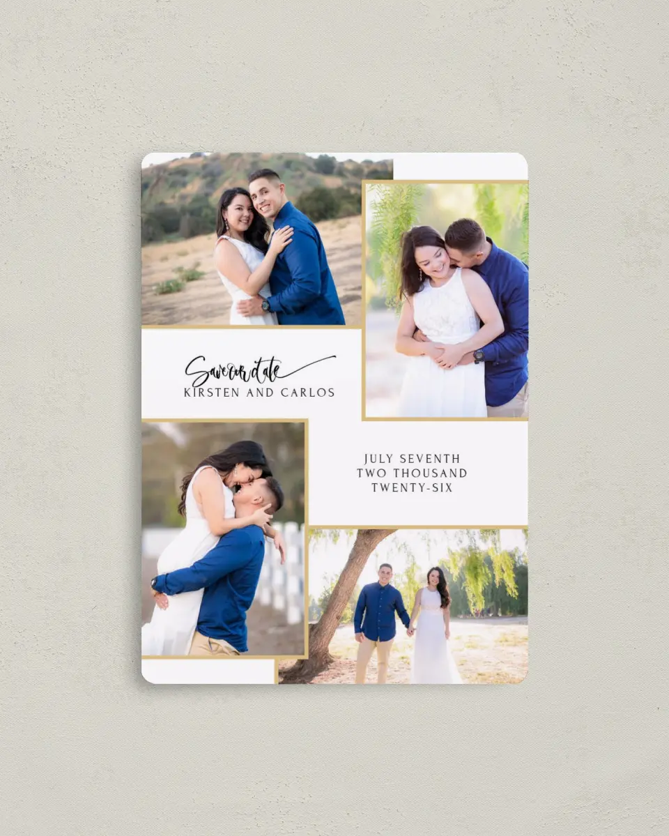 This is a 4" x 5½" Save the Date Magnet called Love Squared printed in full color with Rose Gold foil and a Luxe Satin finish