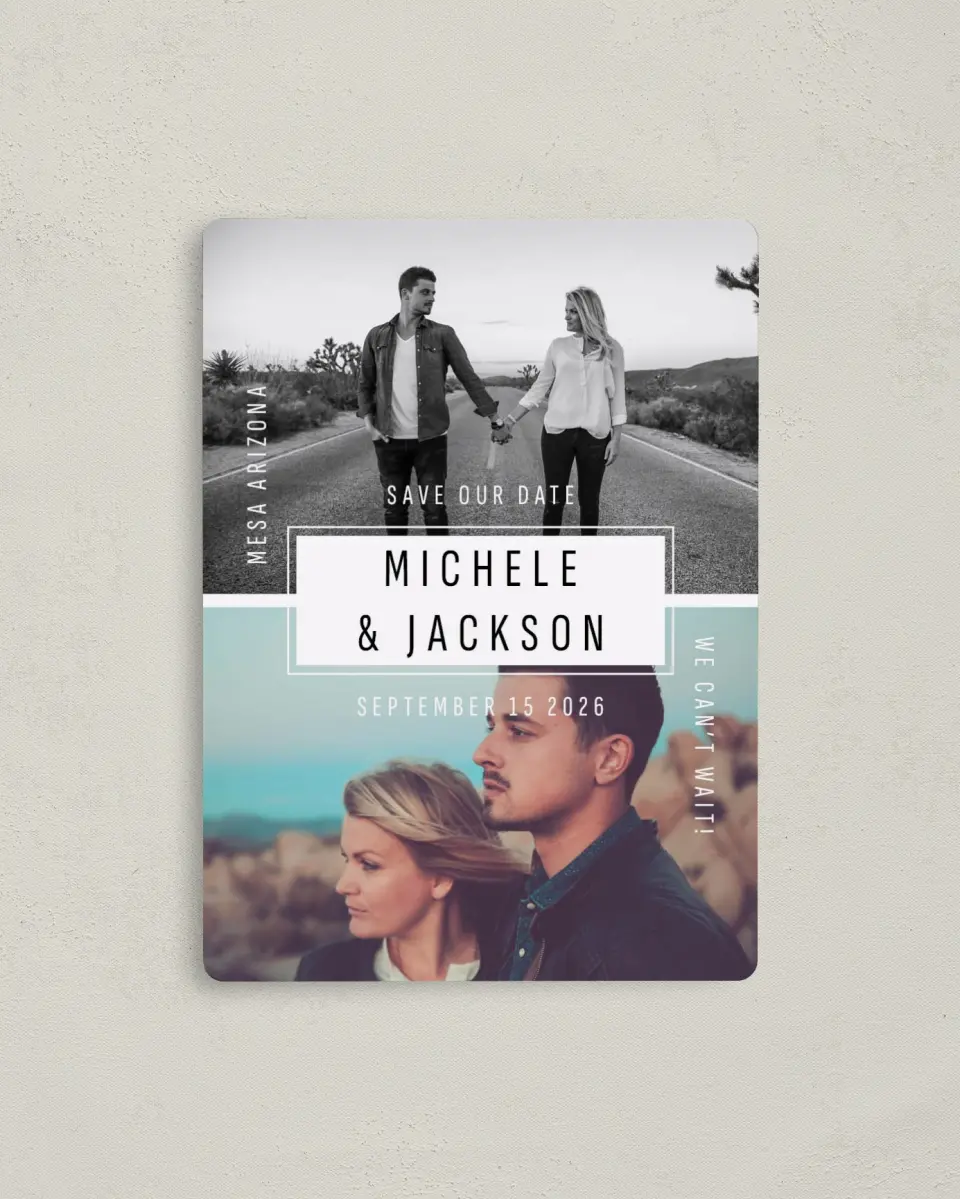 This is a 4" x 5½" Save the Date Magnet called We Can't Wait printed in full color with a Luxe Satin finish