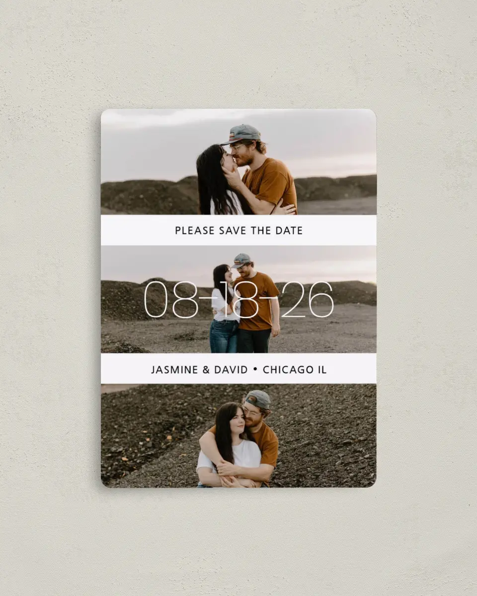 This is a 4" x 5½" Save the Date Magnet called Splendid Stripes printed in full color with a Luxe Satin finish